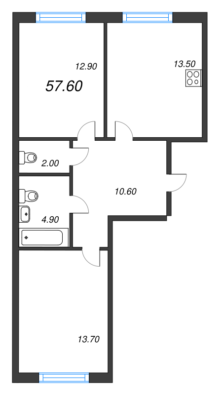 2-комнатная квартира, 57.6 м² в ЖК "Монография" - планировка, фото №1