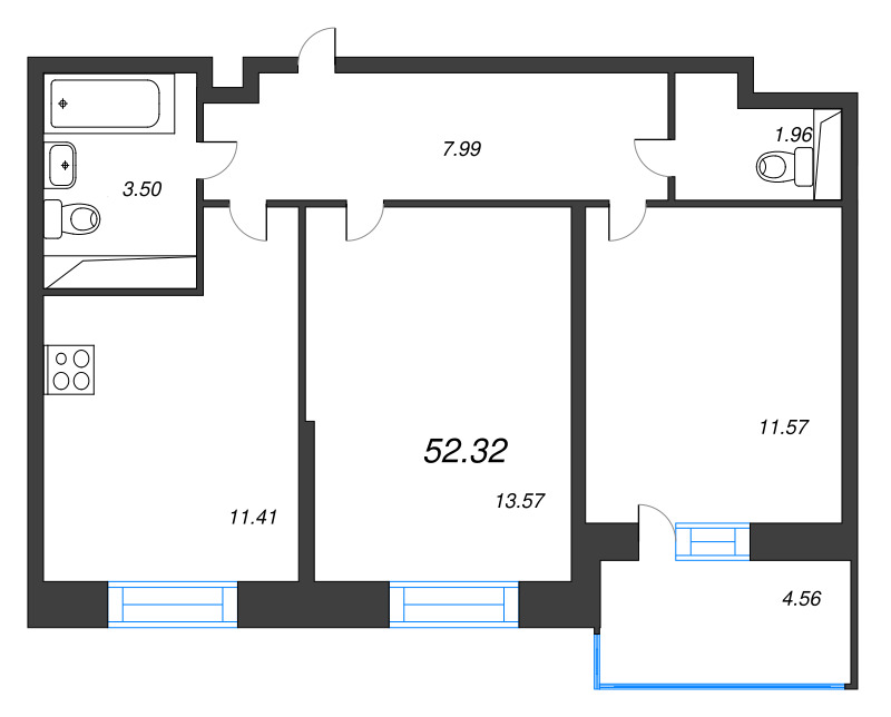 2-комнатная квартира, 52.32 м² - планировка, фото №1