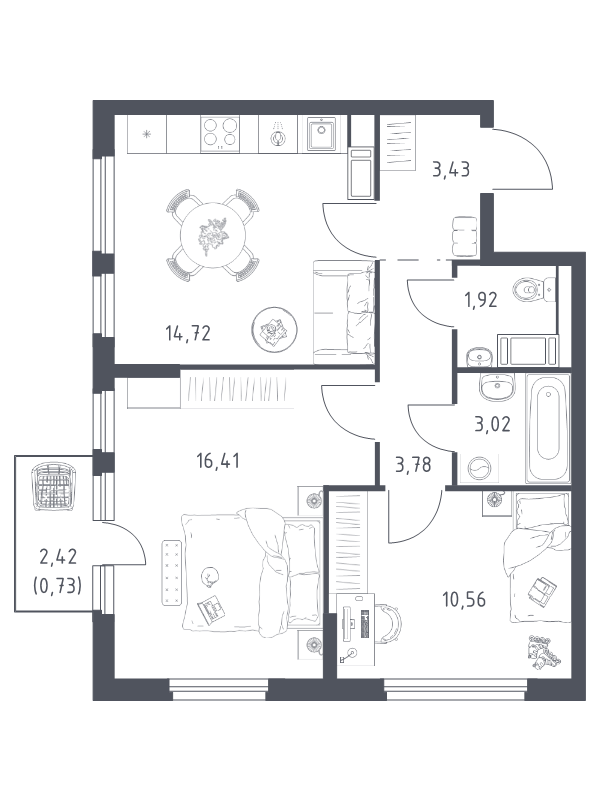 2-комнатная квартира, 54.57 м² в ЖК "Новое Колпино" - планировка, фото №1