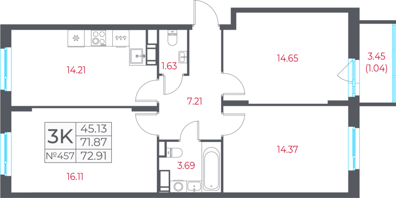 3-комнатная квартира, 72.91 м² в ЖК "Город-спутник Южный" - планировка, фото №1