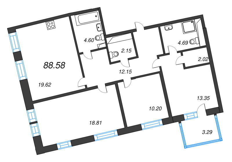 4-комнатная (Евро) квартира, 88.58 м² в ЖК "Бульвар Грина" - планировка, фото №1