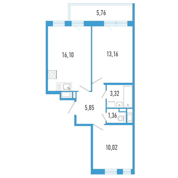 3-комнатная (Евро) квартира, 51.54 м² в ЖК "AEROCITY" - планировка, фото №1