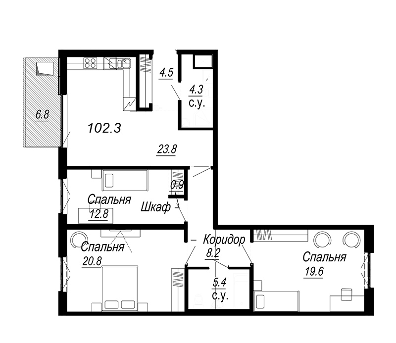 3-комнатная квартира, 106 м² - планировка, фото №1