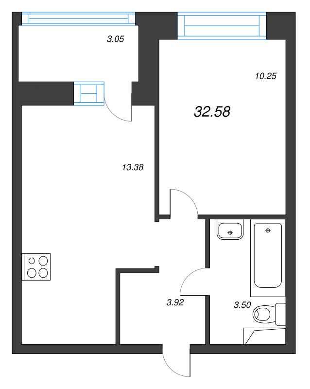 1-комнатная квартира, 32.58 м² в ЖК "Уютный" - планировка, фото №1