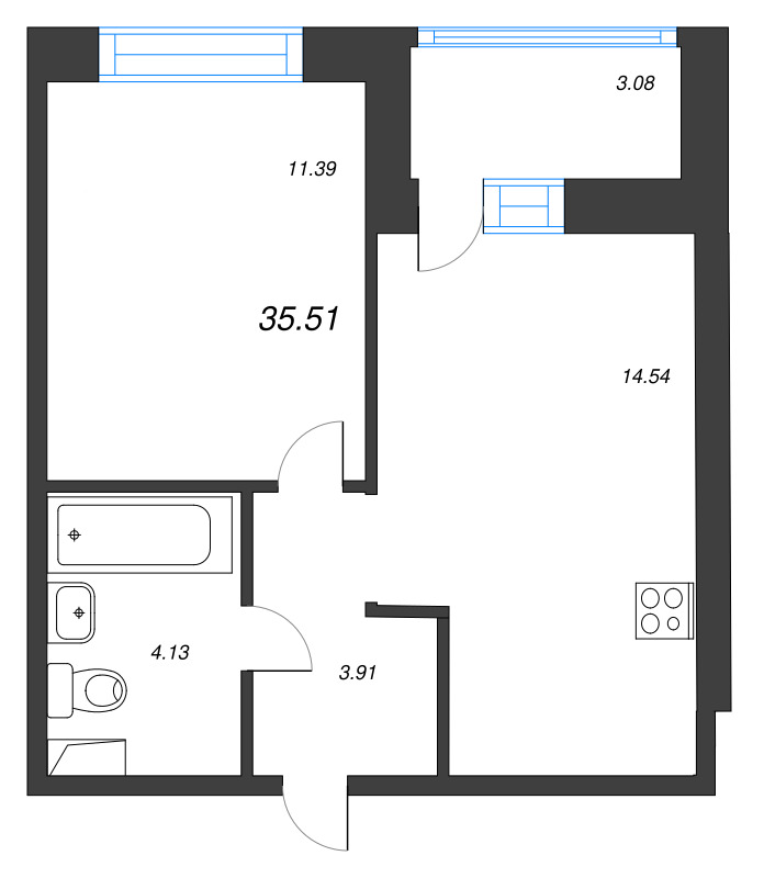 1-комнатная квартира, 35.51 м² в ЖК "Уютный" - планировка, фото №1