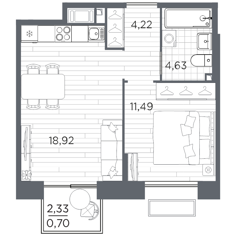 2-комнатная (Евро) квартира, 39.96 м² в ЖК "Respect" - планировка, фото №1