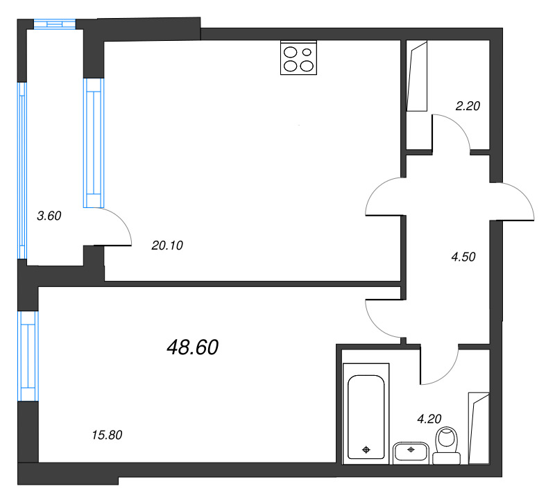 2-комнатная (Евро) квартира, 48.8 м² в ЖК "Тайм Сквер" - планировка, фото №1