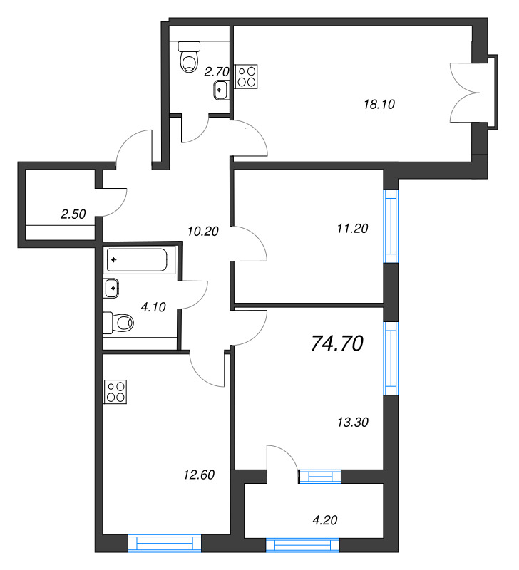 4-комнатная (Евро) квартира, 74.7 м² - планировка, фото №1