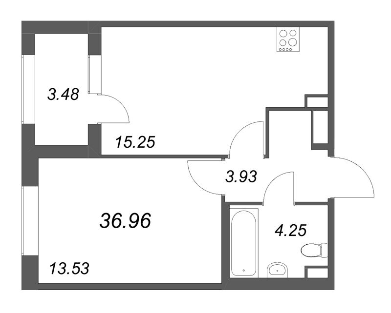 2-комнатная (Евро) квартира, 36.96 м² в ЖК "Дубровский" - планировка, фото №1
