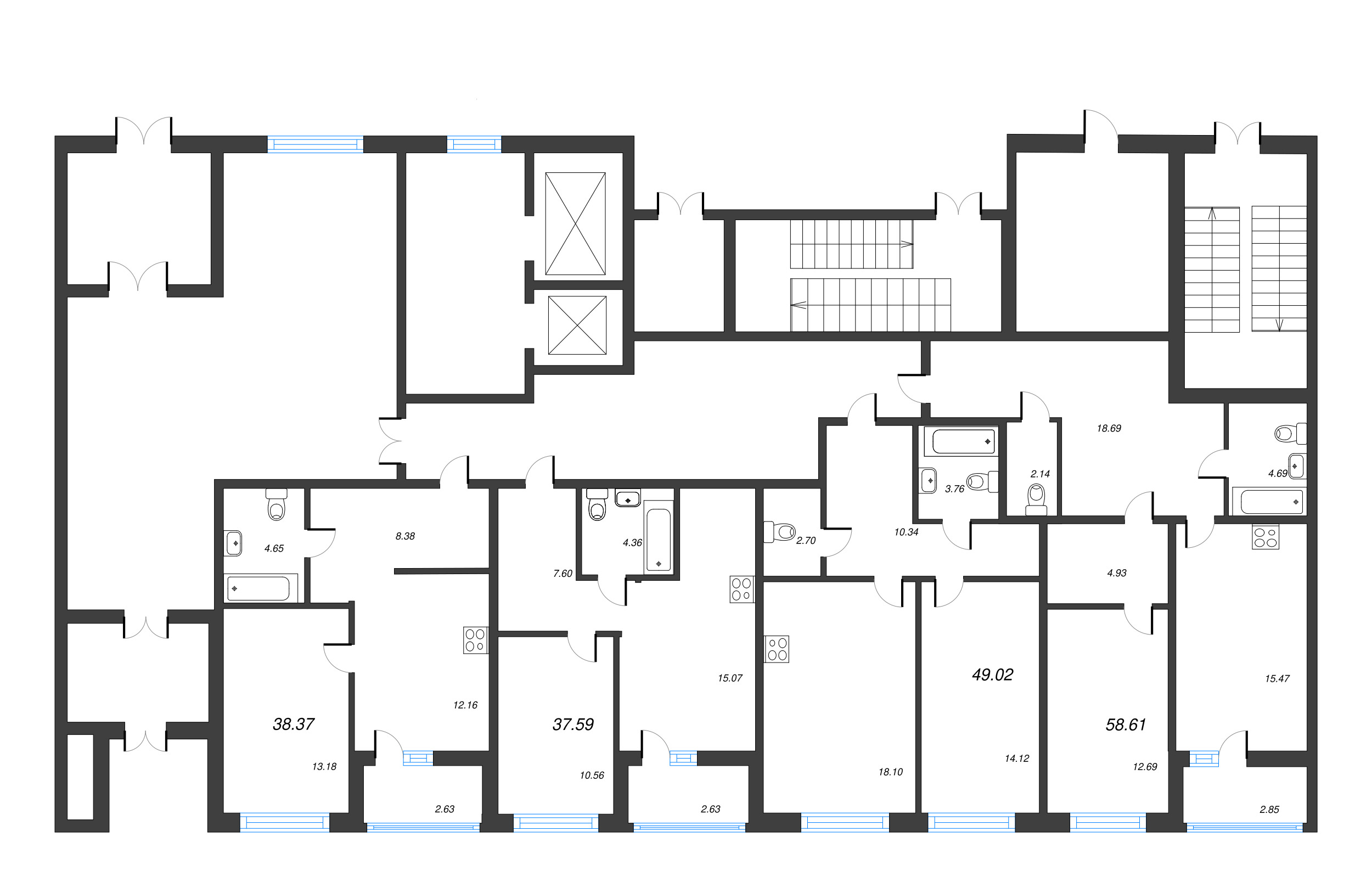 2-комнатная (Евро) квартира, 58.61 м² - планировка этажа