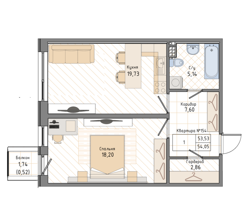 1-комнатная квартира, 54.2 м² - планировка, фото №1