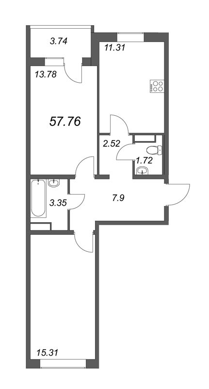 2-комнатная квартира, 55.89 м² - планировка, фото №1
