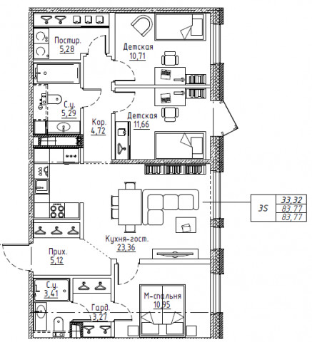 4-комнатная (Евро) квартира, 83.96 м² в ЖК "Большой Сампсониевский, 32" - планировка, фото №1