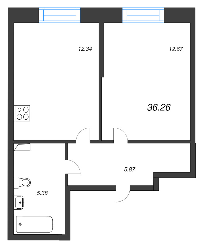 1-комнатная квартира, 36.26 м² - планировка, фото №1