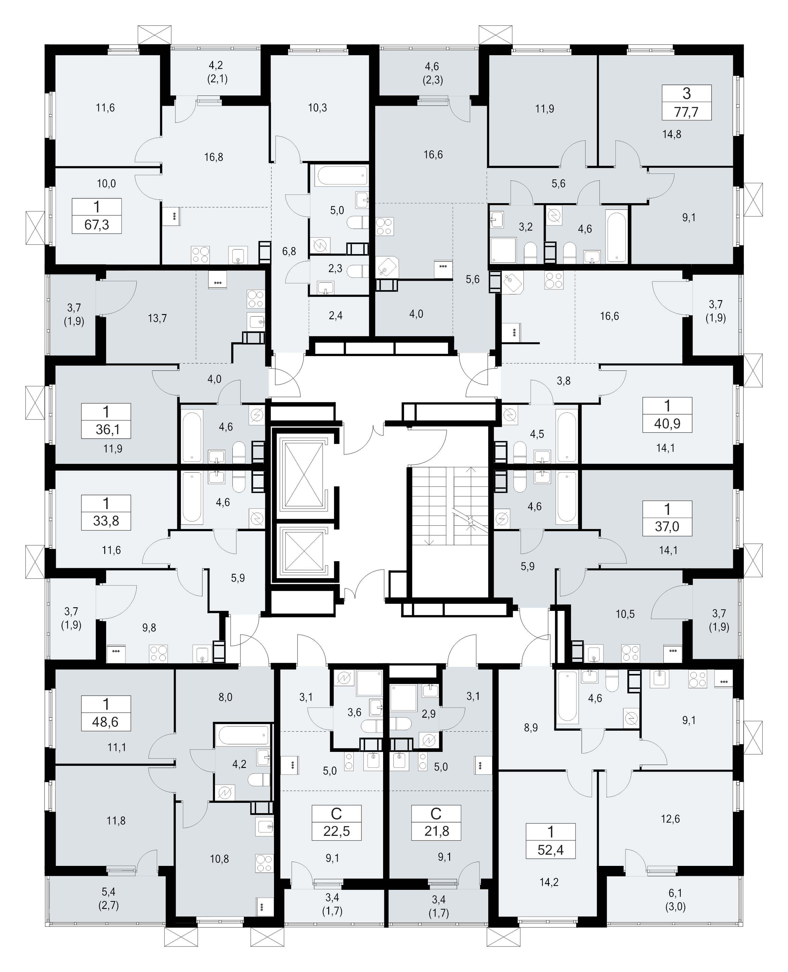 4-комнатная (Евро) квартира, 67.3 м² - планировка этажа