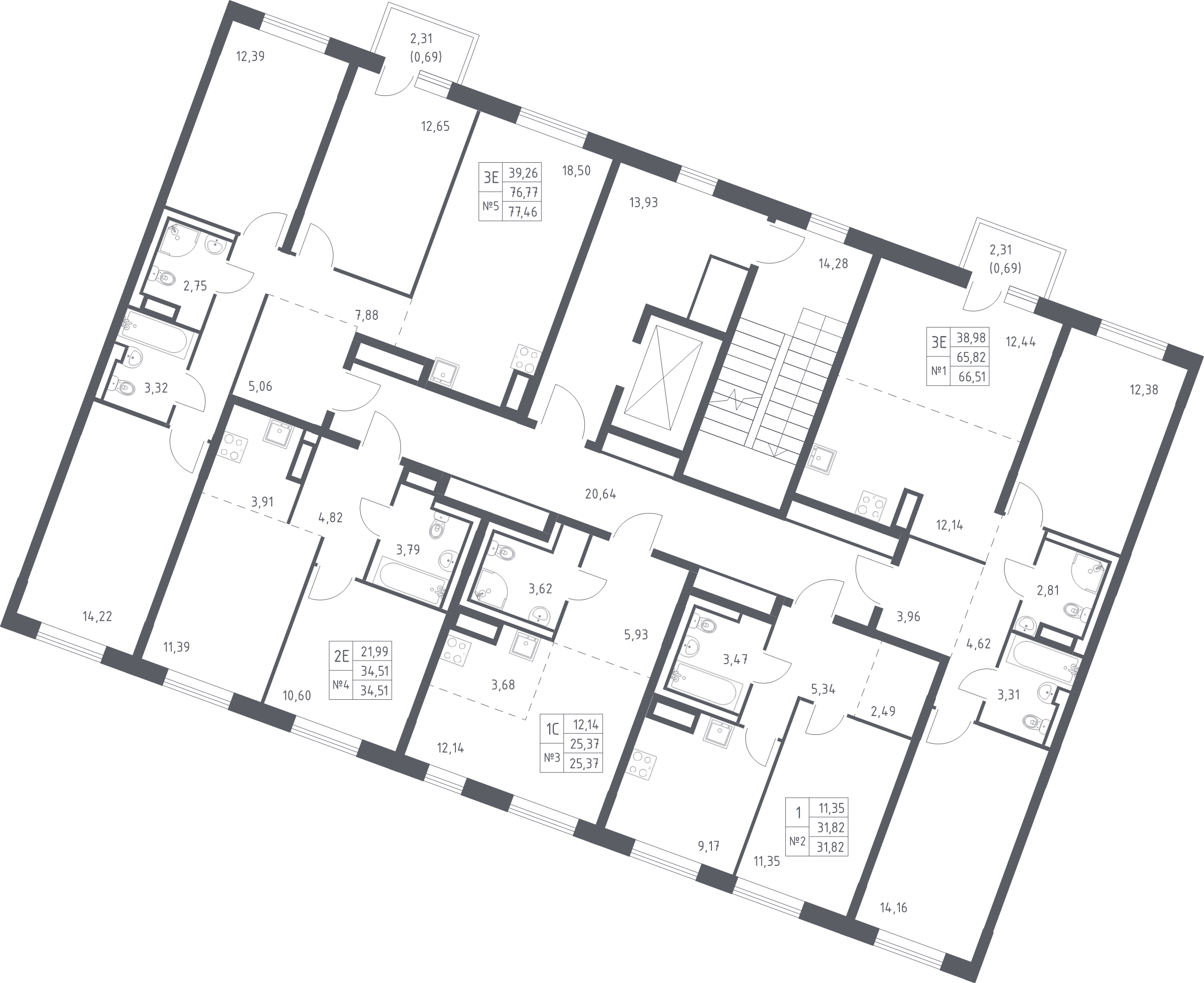 2-комнатная (Евро) квартира, 34.51 м² в ЖК "Квартал Лаголово" - планировка этажа