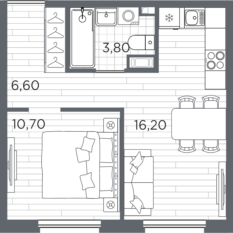 2-комнатная (Евро) квартира, 37.3 м² в ЖК "PLUS Пулковский" - планировка, фото №1
