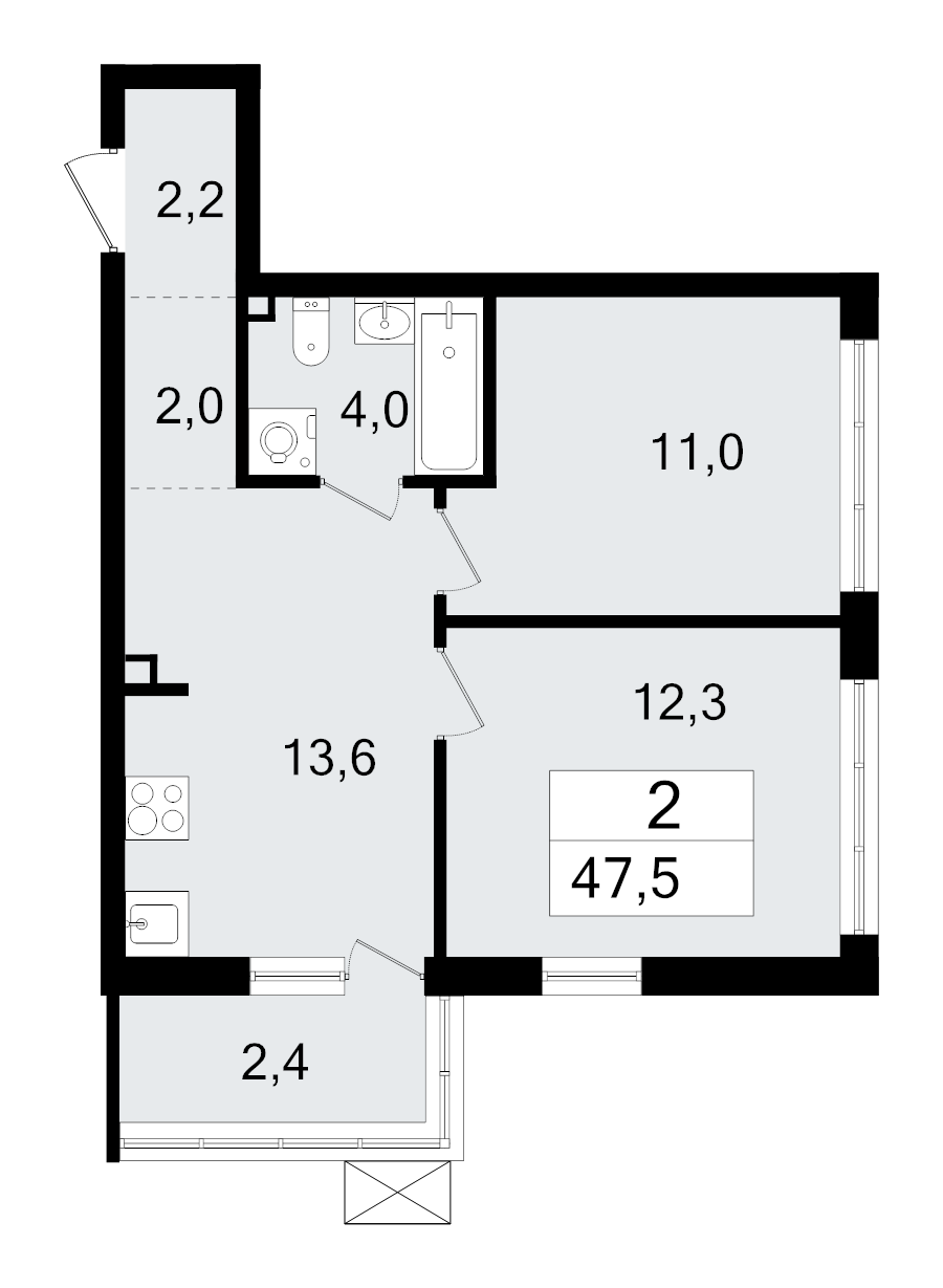 2-комнатная квартира, 47.5 м² - планировка, фото №1