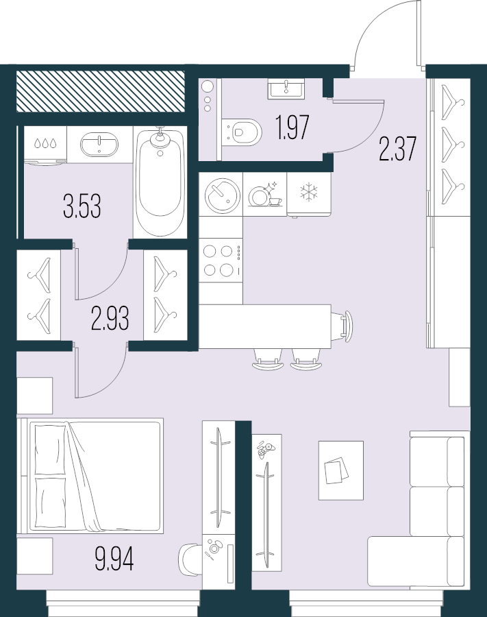 2-комнатная (Евро) квартира, 38.82 м² в ЖК "Новая Земля" - планировка, фото №1