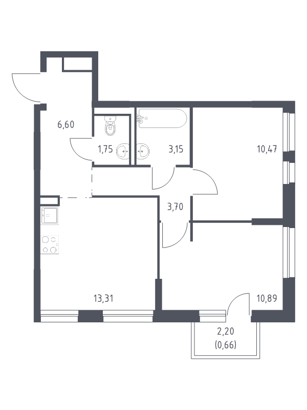 2-комнатная квартира, 50.53 м² в ЖК "Невская Долина" - планировка, фото №1