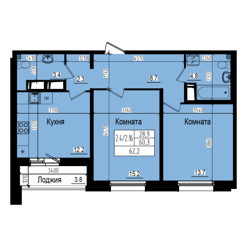 2-комнатная квартира, 62.2 м² в ЖК "ПРАГМА city" - планировка, фото №1