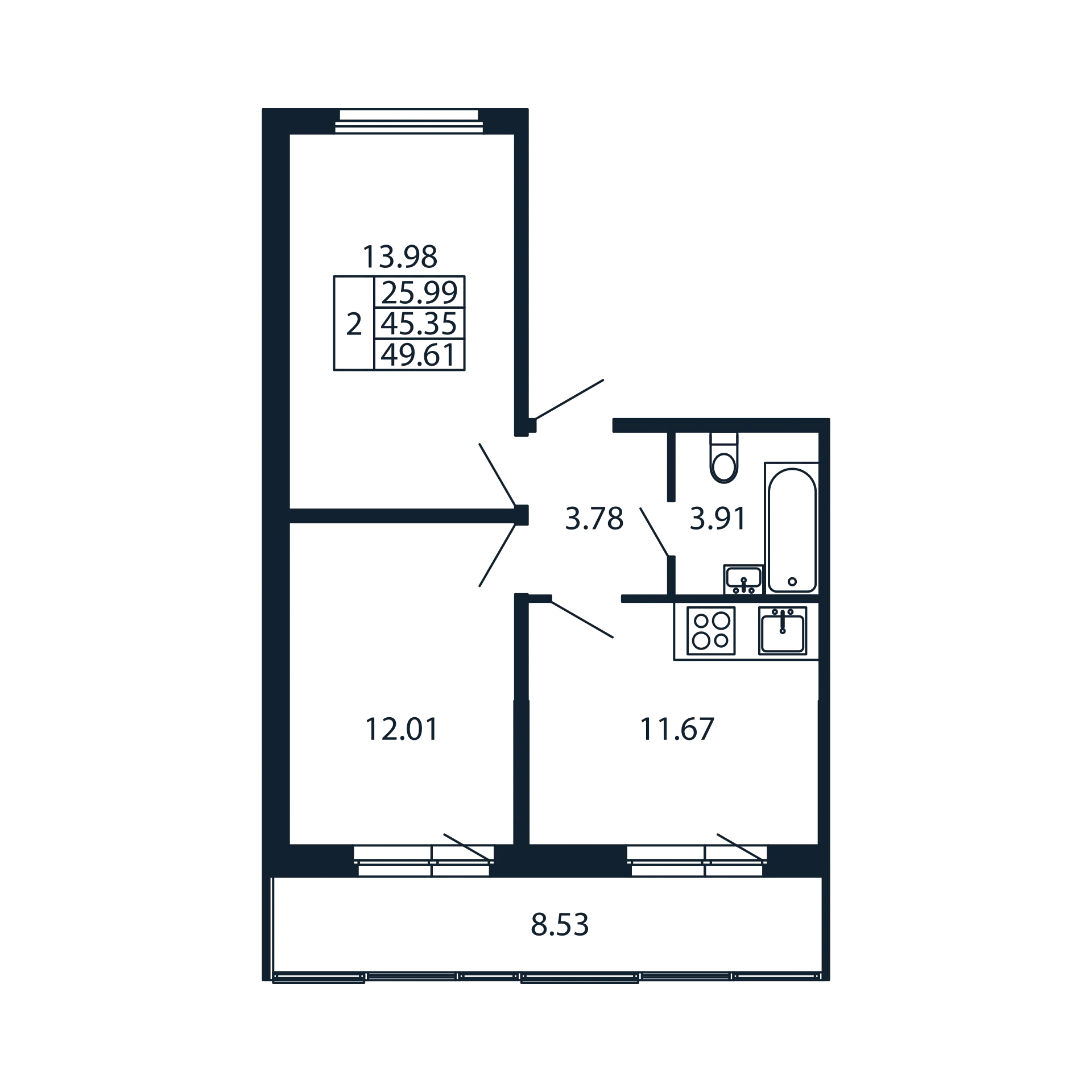 2-комнатная квартира, 45.35 м² в ЖК "Полис Новоселье" - планировка, фото №1