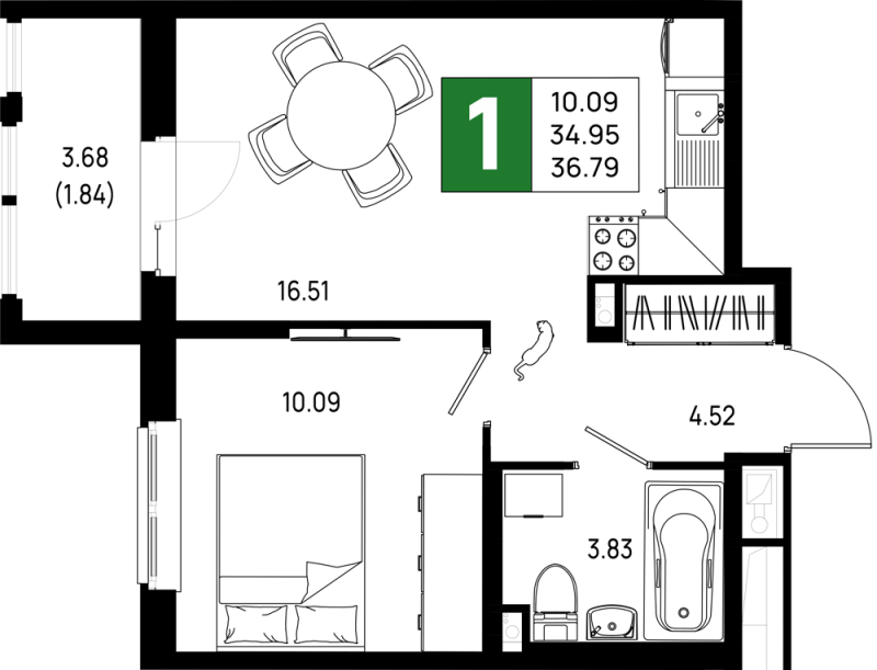 2-комнатная (Евро) квартира, 36.79 м² в ЖК "Имена" - планировка, фото №1