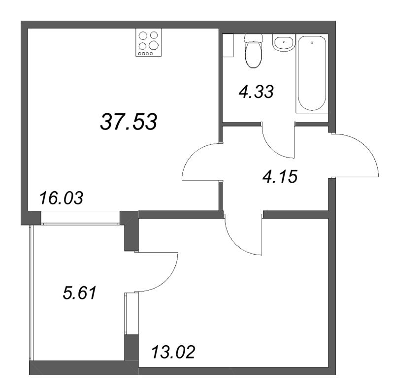2-комнатная (Евро) квартира, 37.53 м² в ЖК "Любоград" - планировка, фото №1