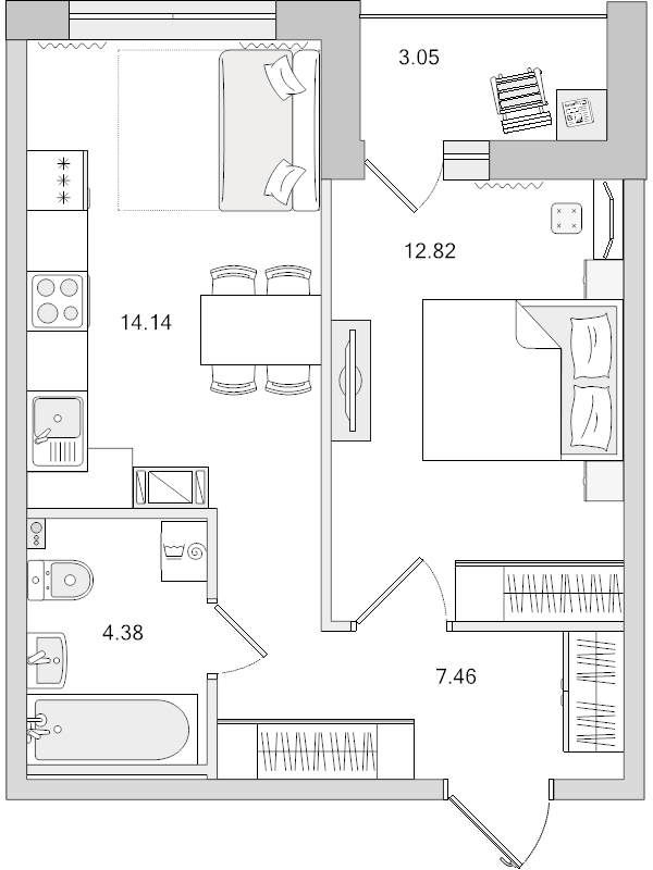 1-комнатная квартира, 38.8 м² в ЖК "Чёрная речка" - планировка, фото №1