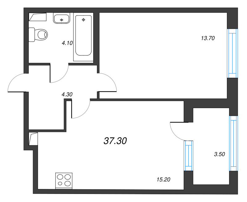 2-комнатная (Евро) квартира, 37.3 м² в ЖК "Дубровский" - планировка, фото №1