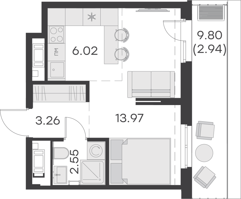Квартира-студия, 28.74 м² - планировка, фото №1