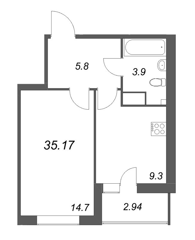 1-комнатная квартира, 35.17 м² - планировка, фото №1