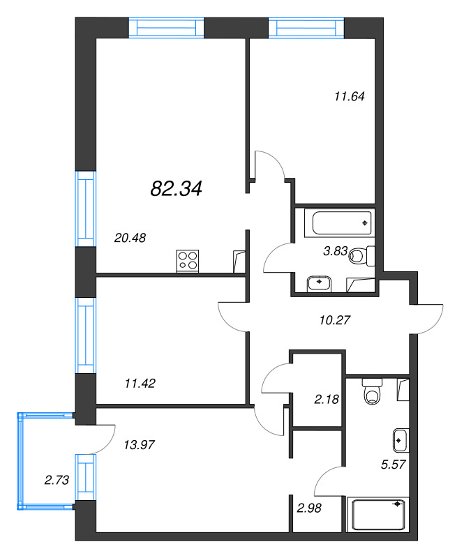 4-комнатная (Евро) квартира, 82.34 м² в ЖК "Остров Первых" - планировка, фото №1