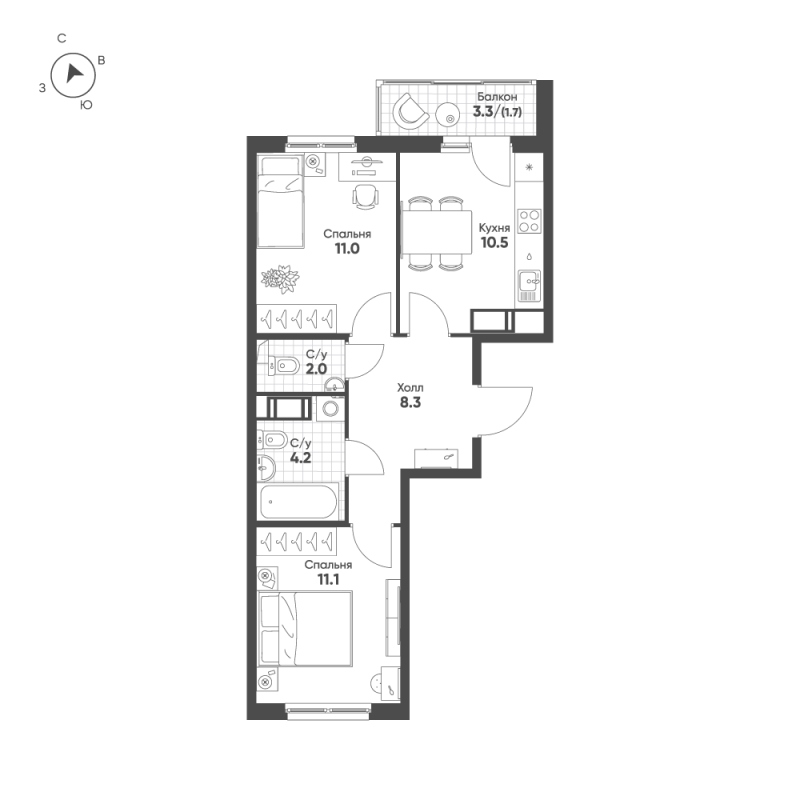2-комнатная квартира, 48.8 м² в ЖК "Клюква.Парк" - планировка, фото №1