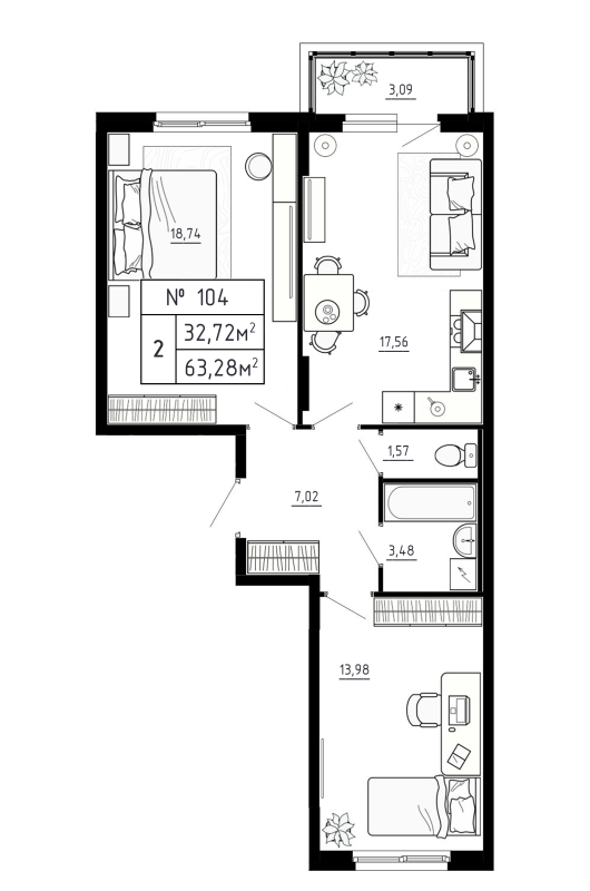 3-комнатная (Евро) квартира, 63.28 м² в ЖК "Аннино Сити" - планировка, фото №1