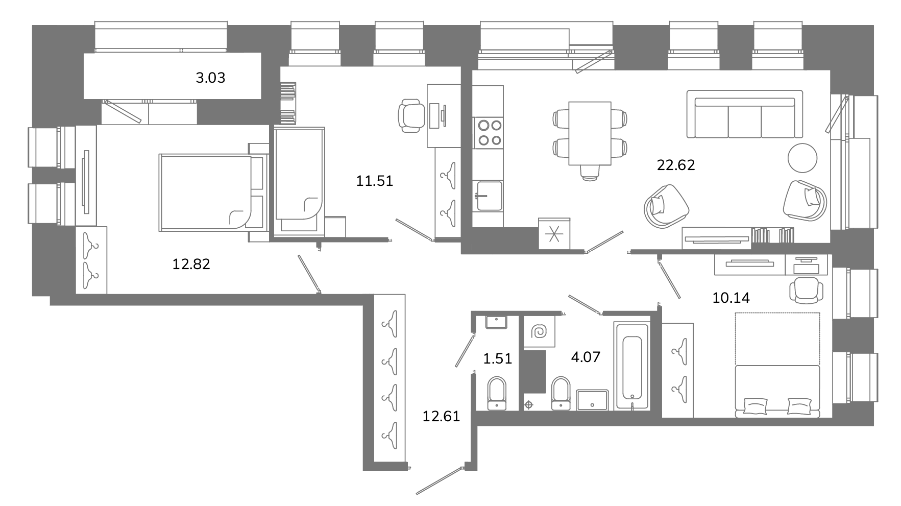 4-комнатная (Евро) квартира, 76.8 м² в ЖК "Твой космос" - планировка, фото №1