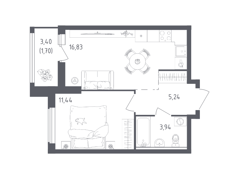 2-комнатная (Евро) квартира, 39.15 м² в ЖК "Южная Нева" - планировка, фото №1