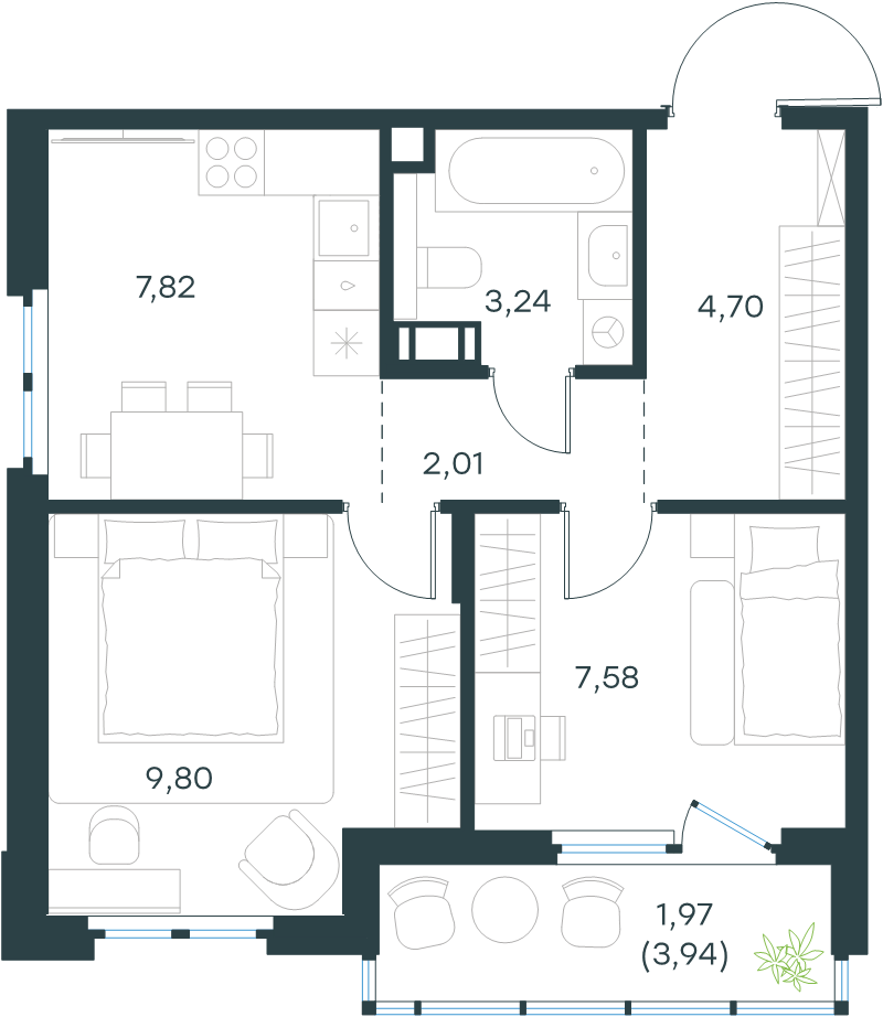 2-комнатная квартира, 48.8 м² в ЖК "Левел Мечникова" - планировка, фото №1