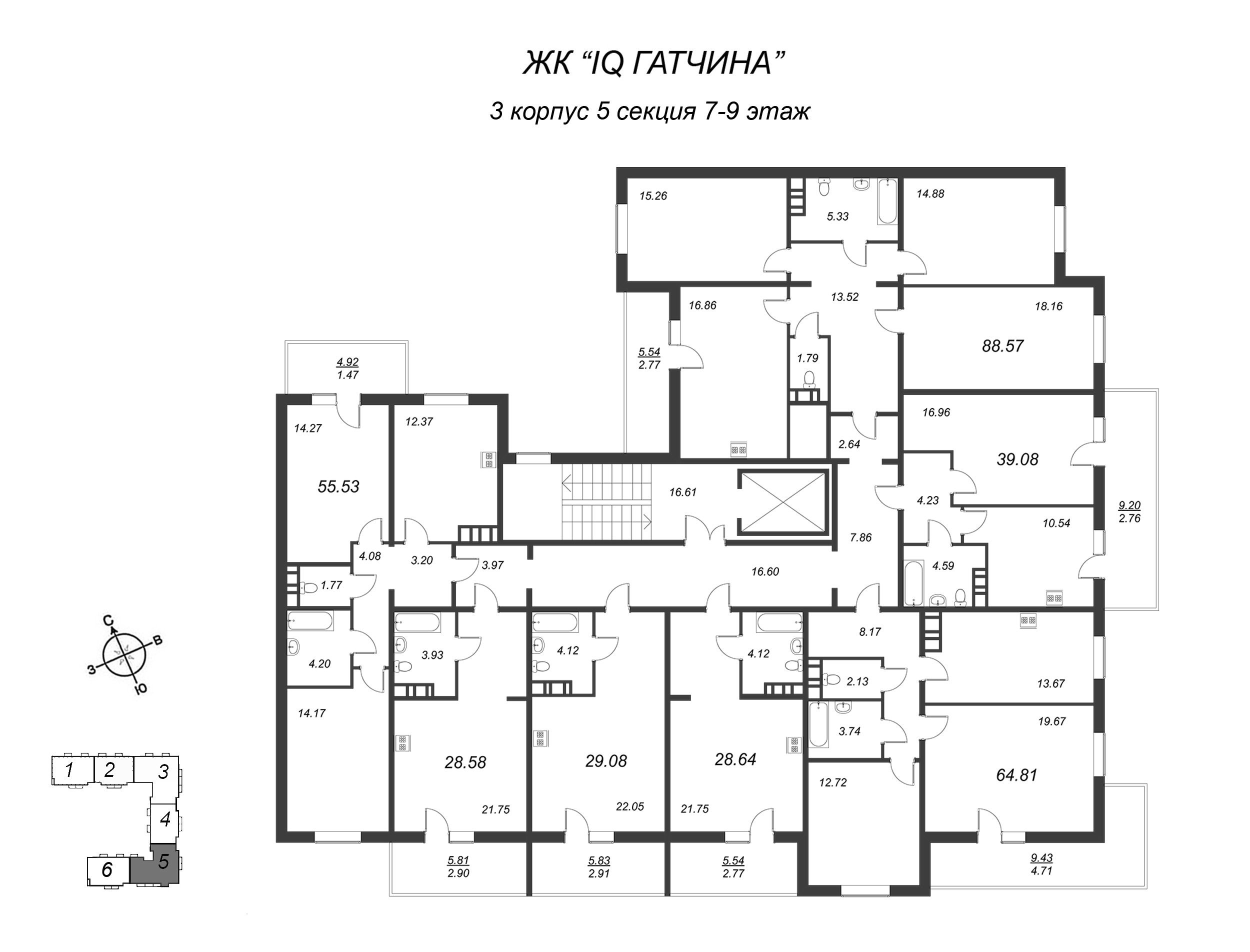 2-комнатная квартира, 55.53 м² в ЖК "IQ Гатчина" - планировка этажа