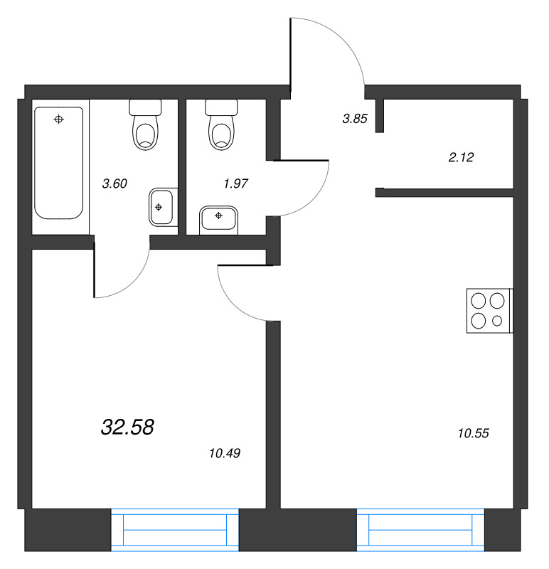 2-комнатная (Евро) квартира, 32.58 м² в ЖК "Alpen" - планировка, фото №1
