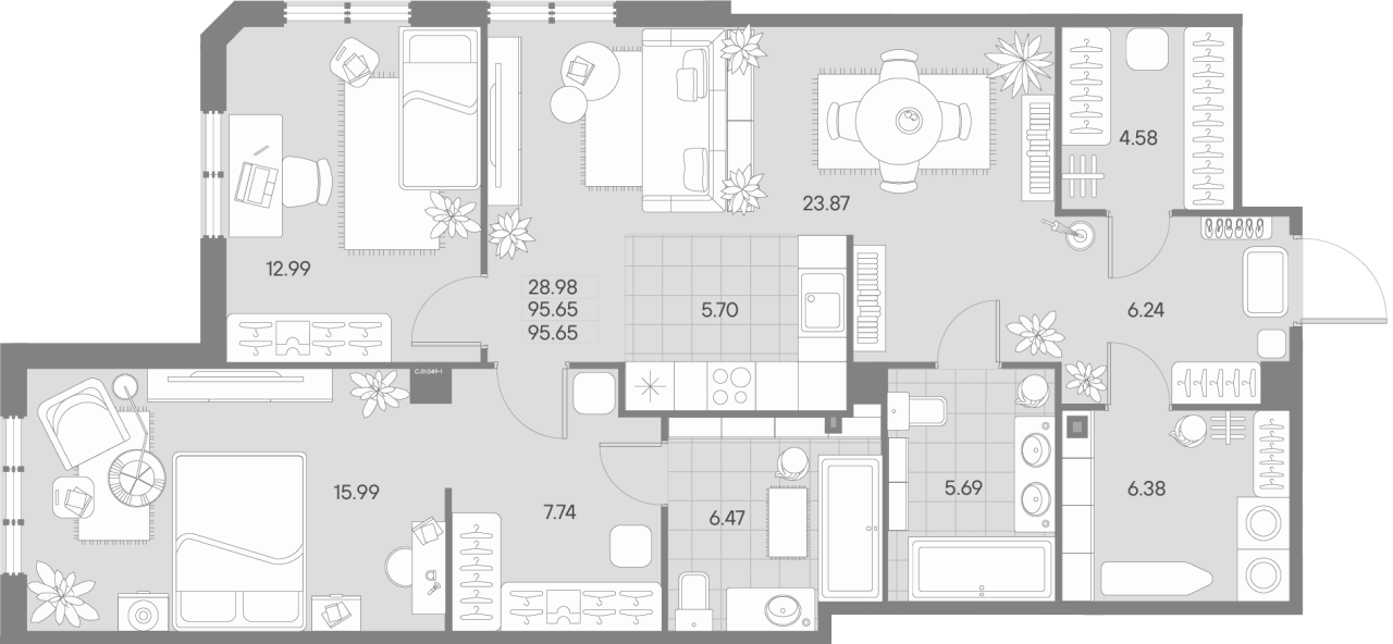 3-комнатная (Евро) квартира, 95.65 м² в ЖК "Amo" - планировка, фото №1