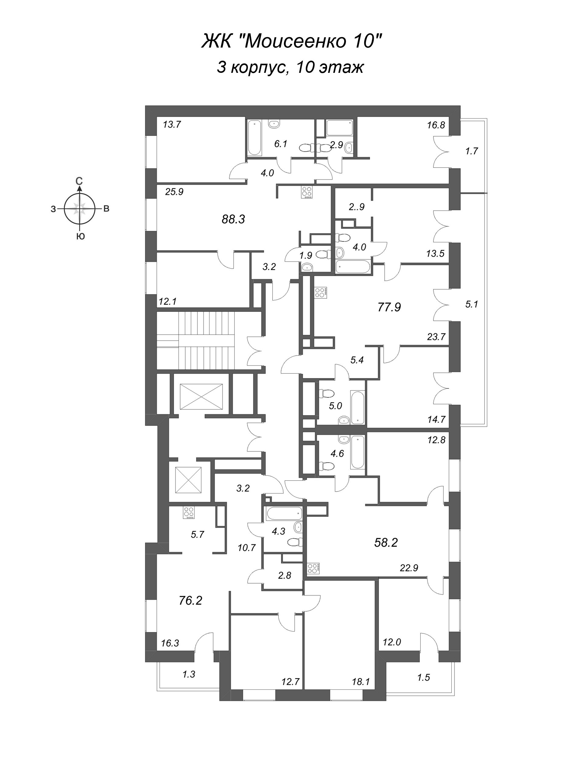 3-комнатная квартира, 88.3 м² в ЖК "Моисеенко 10" - планировка этажа