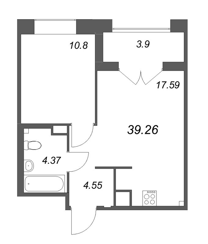 2-комнатная (Евро) квартира, 39.26 м² - планировка, фото №1