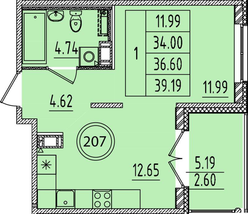 1-комнатная квартира, 34 м² - планировка, фото №1