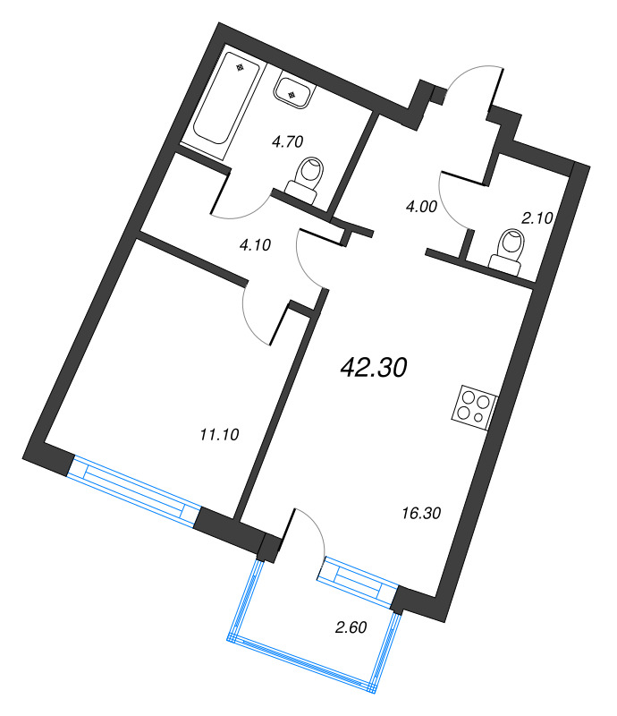 2-комнатная (Евро) квартира, 42.3 м² в ЖК "Цвет Зеленогорска" - планировка, фото №1
