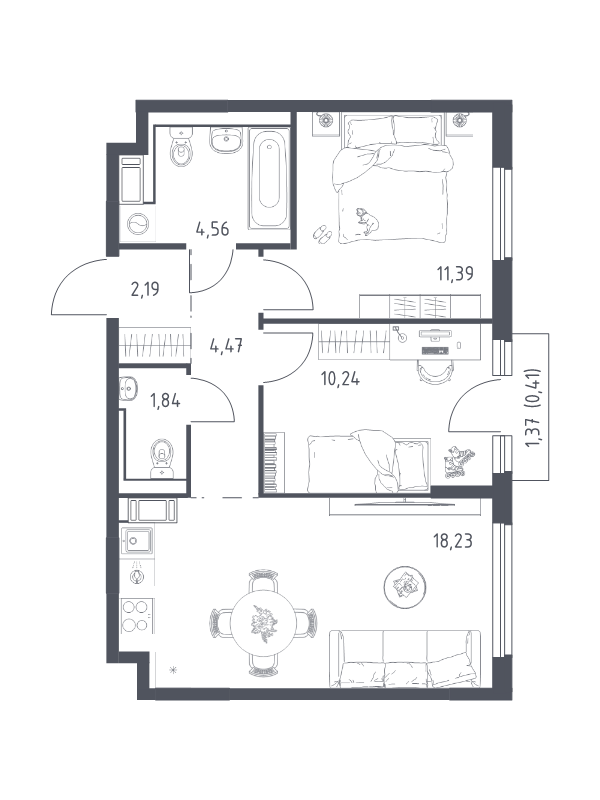 3-комнатная (Евро) квартира, 53.41 м² в ЖК "Новое Колпино" - планировка, фото №1
