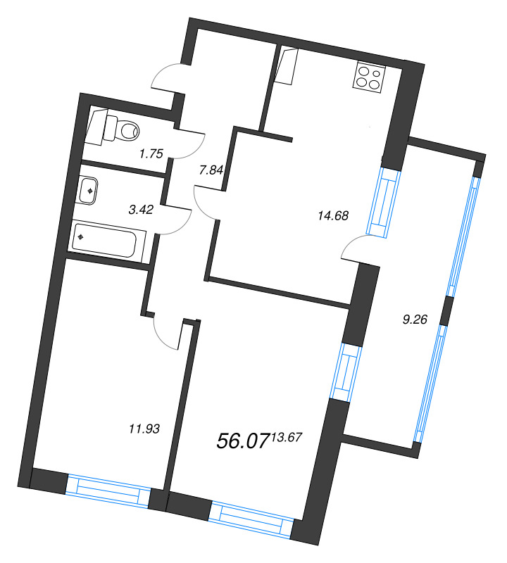 2-комнатная квартира, 56.07 м² в ЖК "Аквилон Riva" - планировка, фото №1