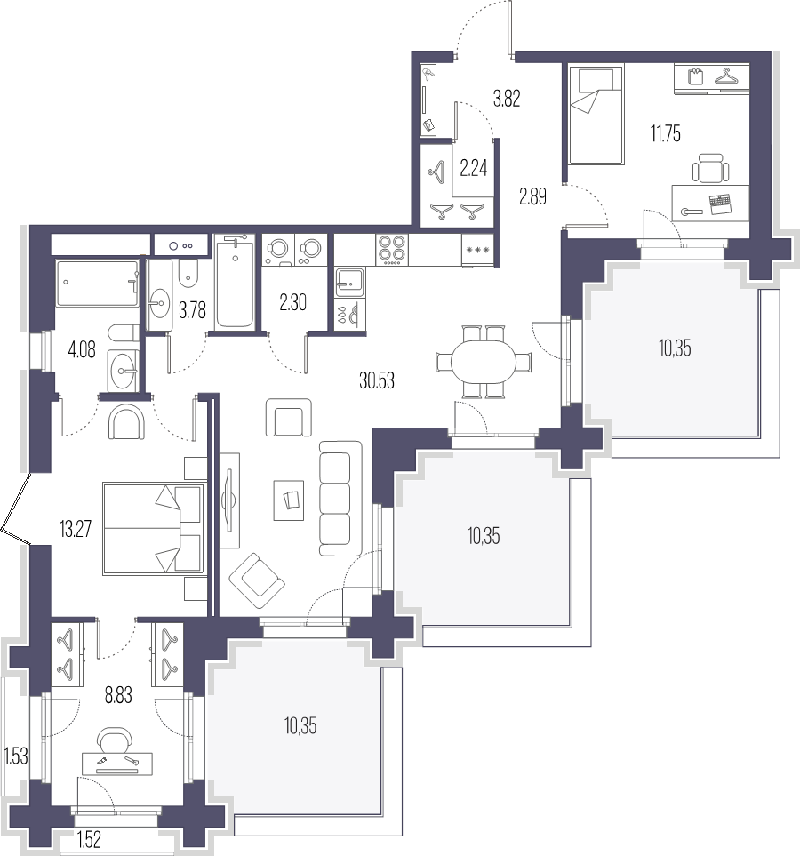 3-комнатная (Евро) квартира, 83.49 м² в ЖК "Большой Сампсониевский, 32" - планировка, фото №1
