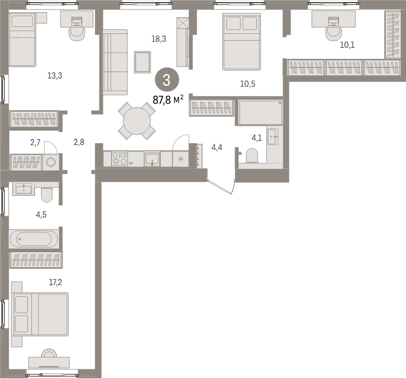 4-комнатная (Евро) квартира, 87.8 м² в ЖК "Брусника в Новоселье" - планировка, фото №1