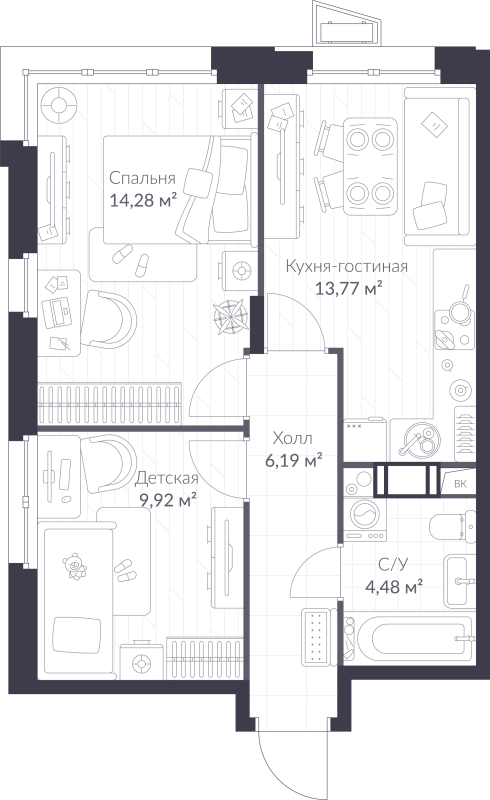 2-комнатная квартира, 48.64 м² в ЖК "VEREN NORT сертолово" - планировка, фото №1